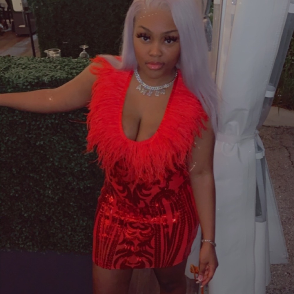 LL Custom Feathered Red Sequined Dress